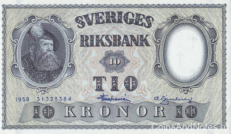 10 крон 1958 года. Швеция. р43f(7)