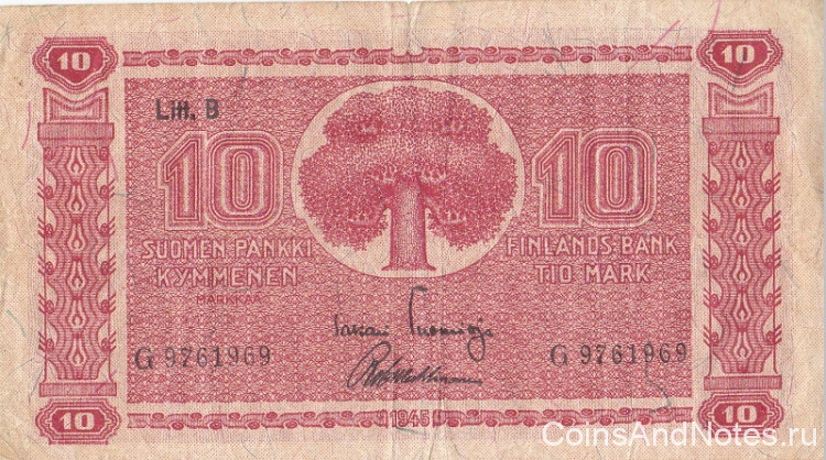10 марок 1945 года. Финляндия. р85(15)