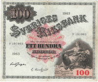100 крон 1963 года. Швеция. р48е 100 крон 1963 года. Швеция. р48е