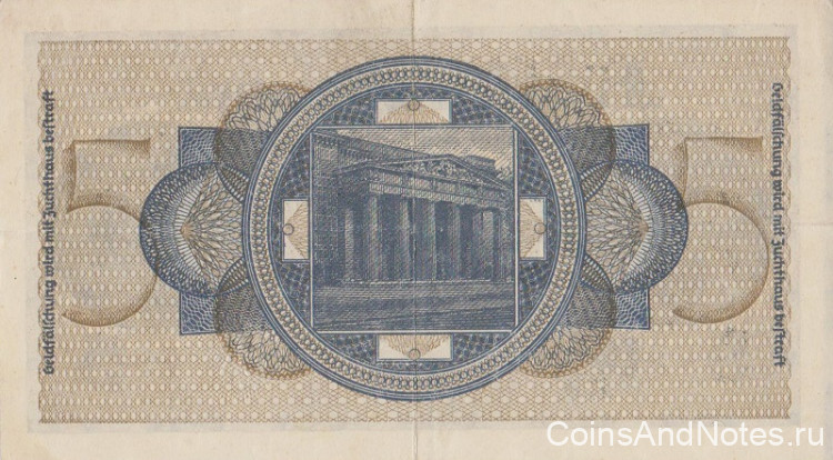 ​5 рейхсмарок 1940-1945 годов. Германия. Оккупированные территории. рR138а