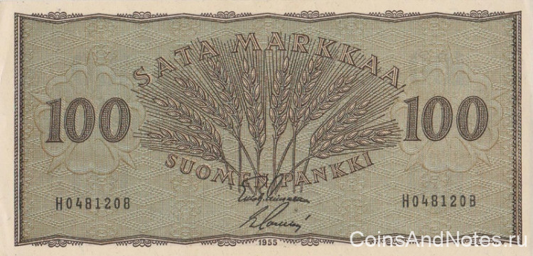 100 марок 1955 года. Финляндия. р91а(15)
