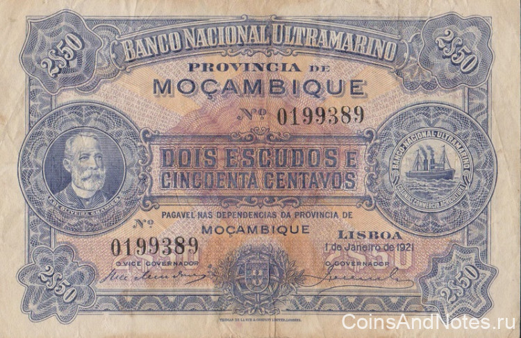 2 1/2 эскудо 1921 года. Мозамбик. р67b