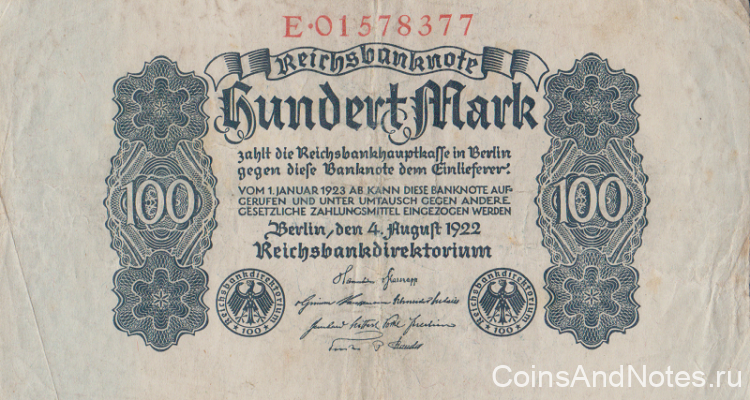 100 марок 1922 года. Германия. р75