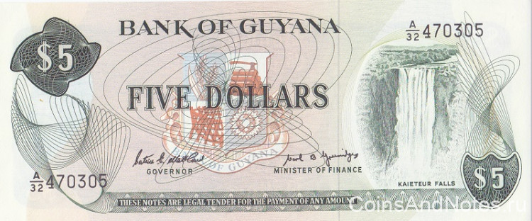 5 долларов 1966-1992 годов. Гайана. р22е