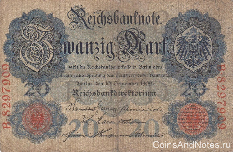 20 марок 10.09.1909 года. Германия. р37