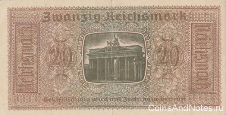 20 рейхсмарок 1940-1945 годов. Германия. Оккупированные территории. рR139