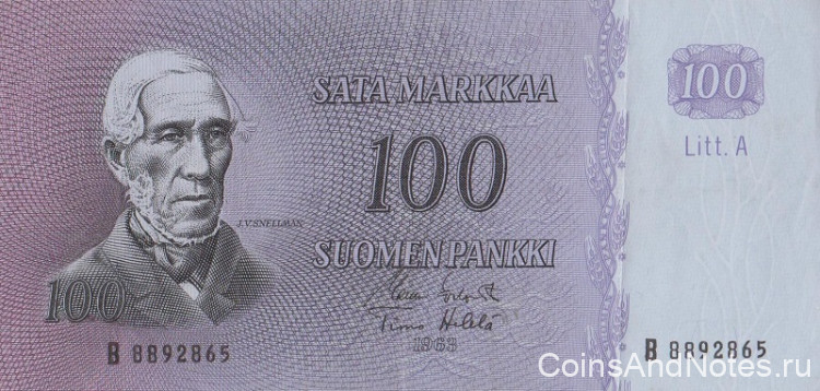 100 марок 1963 года. Финляндия. р106а(30)