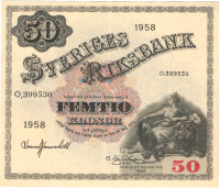 50 крон 1958 года. Швеция. р44d(2) 50 крон 1958 года. Швеция. р44d(2)