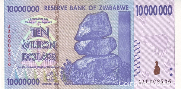 10 миллионов долларов  2008 года. Зимбабве. р78
