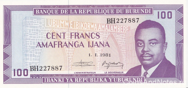 100 франков 1981 года. Бурунди. р29b