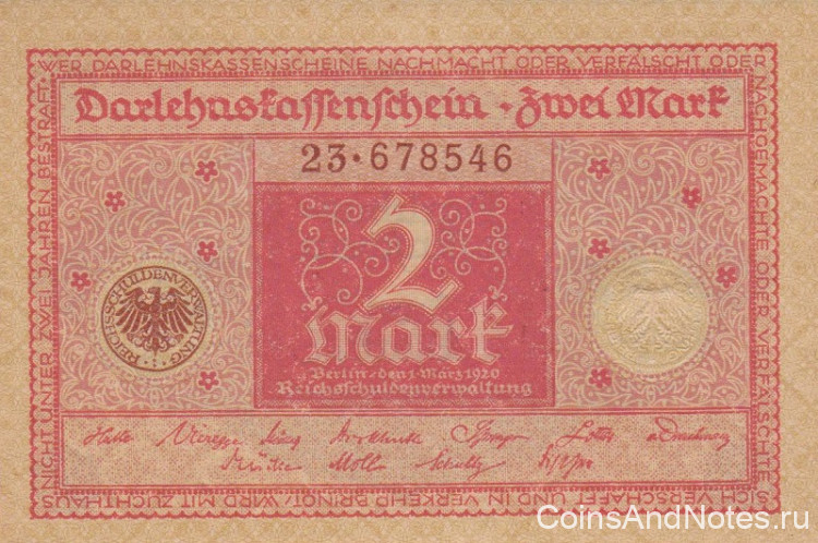 2 марки 01.03.1920 года. Германия. р59