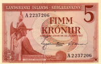 Банкнота 5 крон 21.06.1957 года. Исландия. р37а