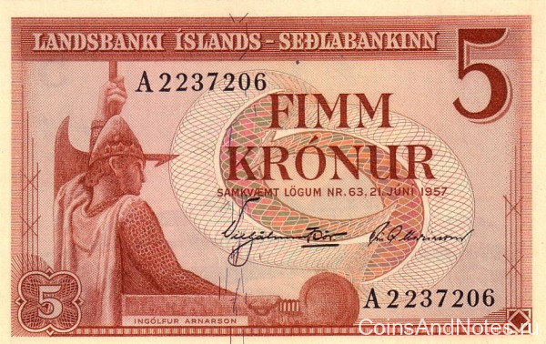 5 крон 21.06.1957 года. Исландия. р37а