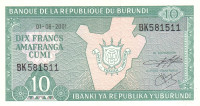 10 франков 01.08.2001 года. Бурунди. р33d