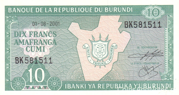 10 франков 01.08.2001 года. Бурунди. р33d