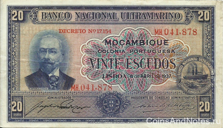 20 эскудо 1937 года. Мозамбика. р74