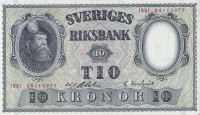 10 крон 1951 года. Швеция. р40l(1) 10 крон 1951 года. Швеция. р40l(1)