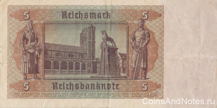 5 рейхсмарок 01.08.1942 года. Германия. р186а