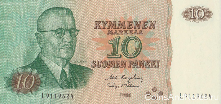 10 марок 1980 года. Финляндия. р111а(5) 10 марок 1980 года. Финляндия. р111а(5)