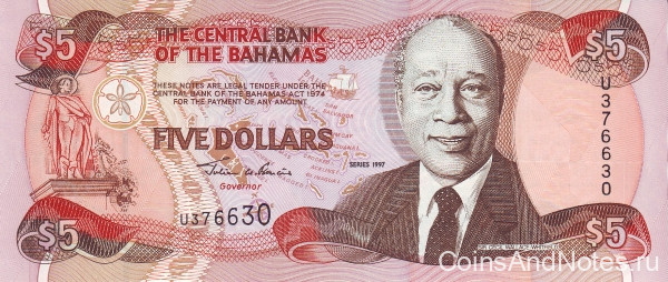 5 долларов 1997 года. Багамские острова. р63а