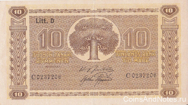 10 марок 1939 года. Финляндия. р70а(17)