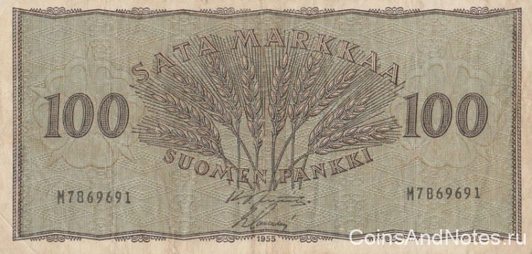 100 марок 1955 года. Финляндия. р91а(4)