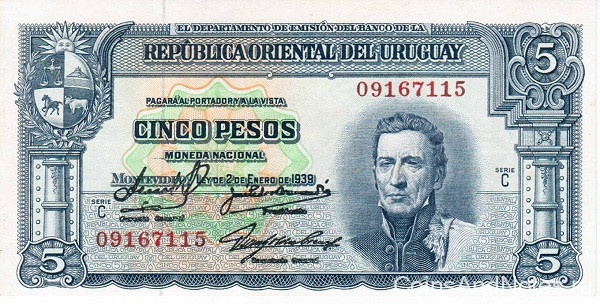 5 песо 02.01.1939 года. Уругвай. р36b(2)