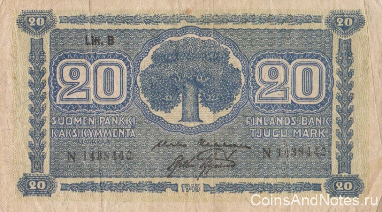20 марок 1945 года. Финляндия. р86(21)