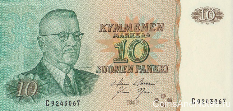 10 марок 1980 года. Финляндия. р111а(49) 10 марок 1980 года. Финляндия. р111а(49)