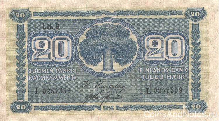 20 марок 1945 года. Финляндия. р86(2) 20 марок 1945 года. Финляндия. р86(2)