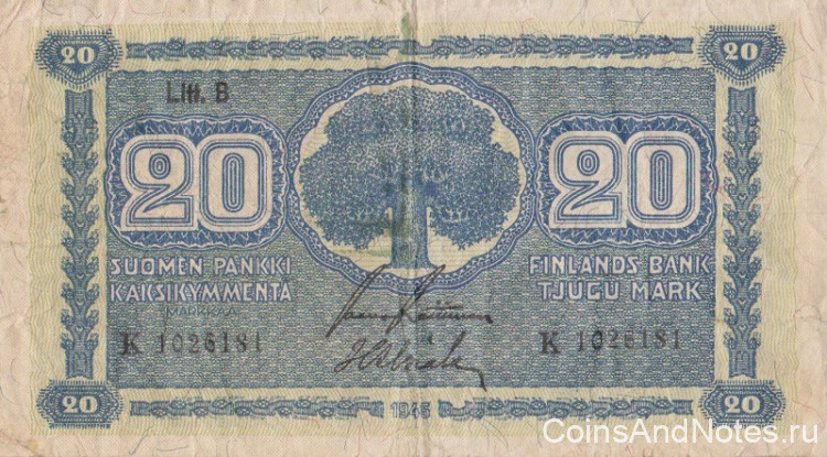 20 марок 1945 года. Финляндия. р86(12)