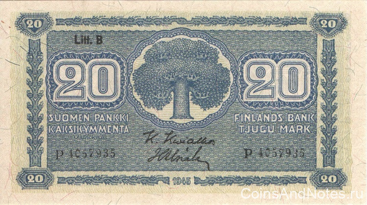 20 марок 1945 года. Финляндия. р86(3)