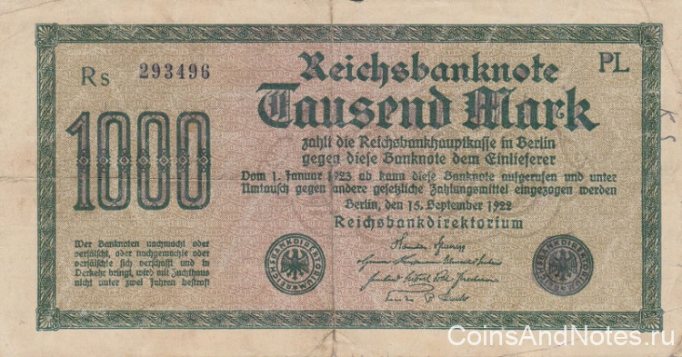 1000 марок 15.09.1922 года. Германия. р76е(1)