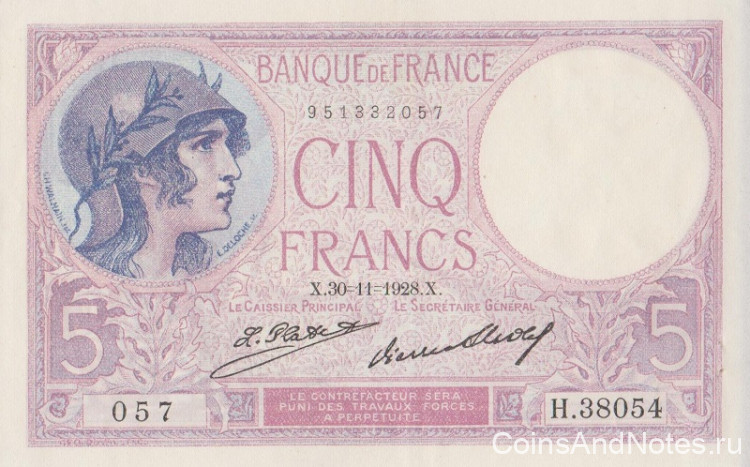 5 франков 30.11.1928 года. Франция. р72d(28)