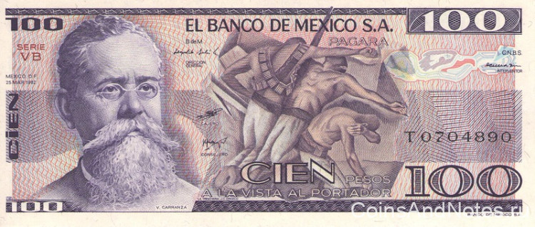 100 песо 25.03.1982 года. Мексика. р74с(VB)