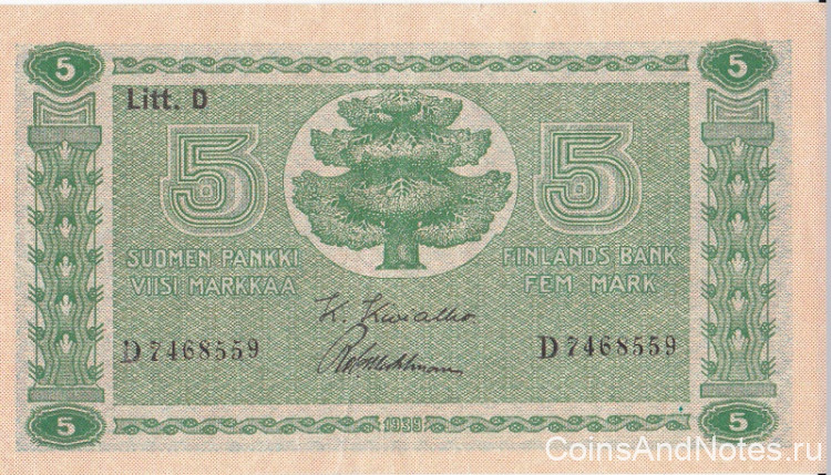 5 марок 1939 года. Финляндия. р69(11)