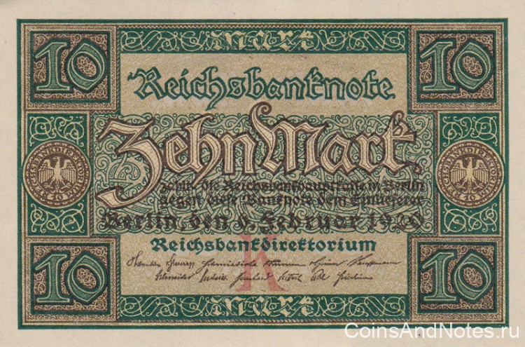 10 марок 06.02.1920 года. Германия. р67а(К)