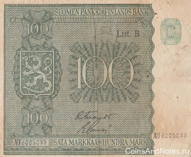 100 марок 1945 года. Финляндия. р88(37)