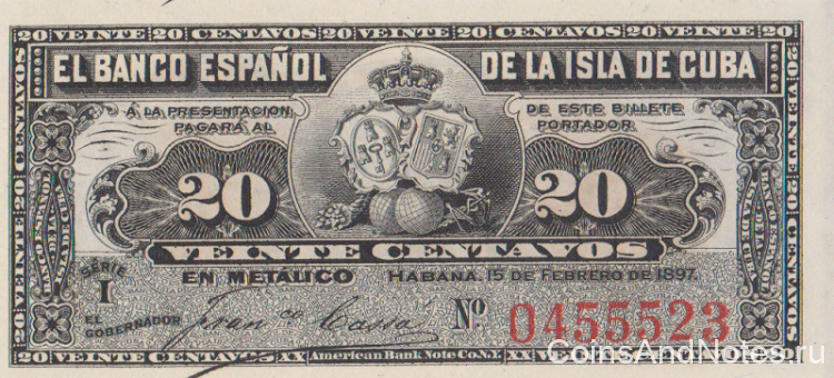 20 центаво 15.02.1897 года. Куба. р53