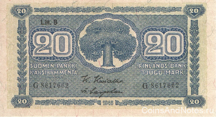 20 марок 1945 года. Финляндия. р86(4)
