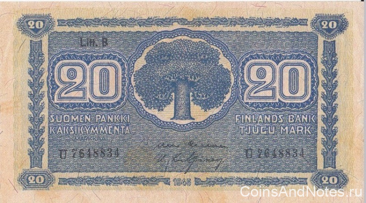 20 марок 1945 года. Финляндия. р86(24)