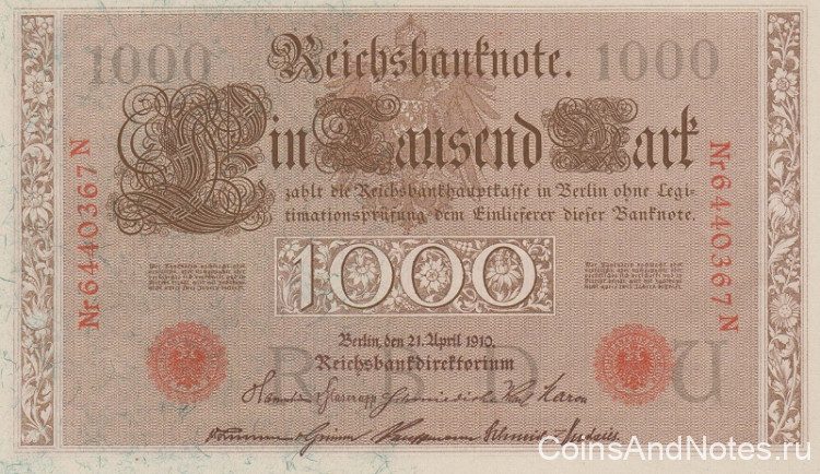 1000 марок 21.04.1910 года. Германия. р44b(U)
