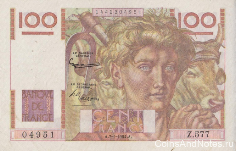 100 франков 07.01.1954 года. Франция. р128d(54)