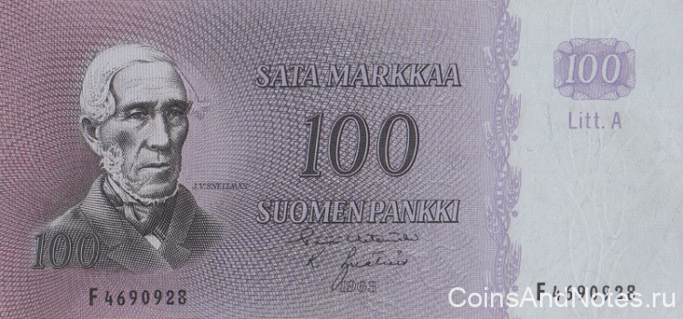 100 марок 1963 года. Финляндия. р106а(55)