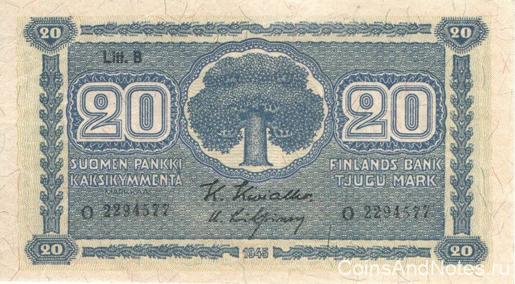 20 марок 1945 года. Финляндия. р86(5)
