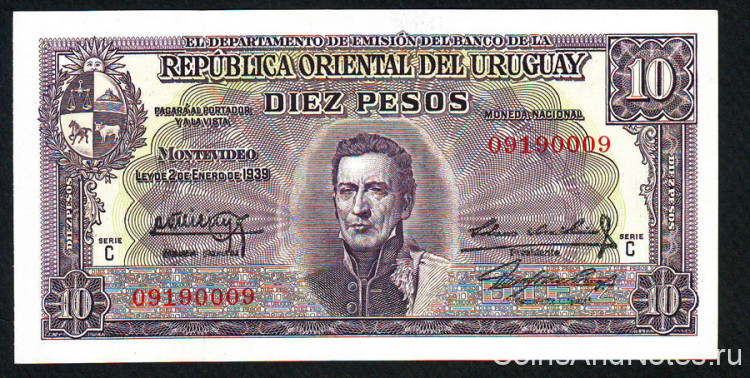 10 песо 1939 года. Уругвай. р37d1