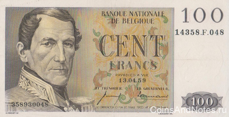 100 франков 13.04.1959 года. Бельгия. р129с(59)