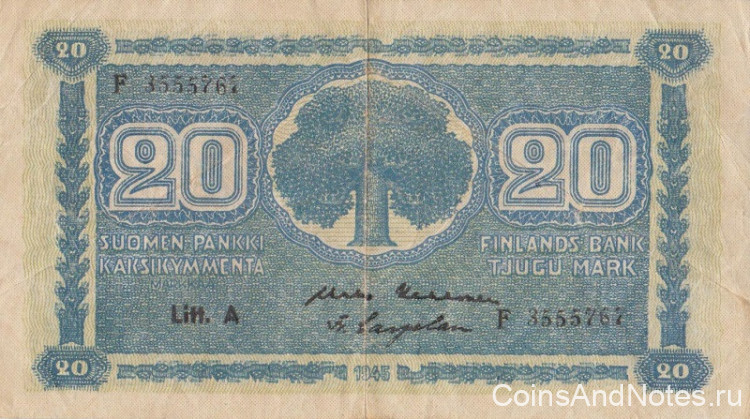 20 марок 1945 года. Финляндия. р78а(16)