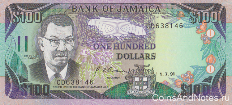 100 долларов 1991 года. Ямайка. р75а