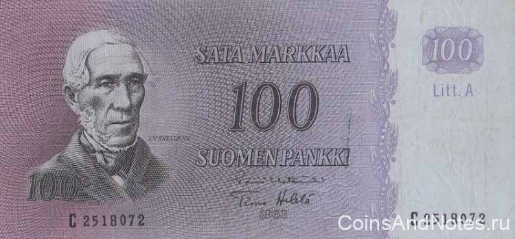 100 марок 1963 года. Финляндия. р106а(50)